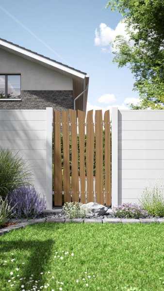 REXOprotect® Design Zaunbretter 'Teak', Alu-Profile weiß