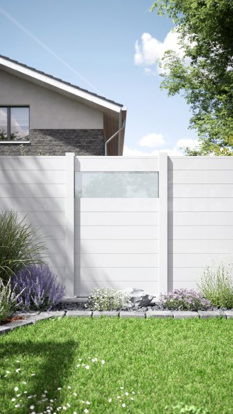 REXOprotect® Alu-Sichtschutzzaun mit Glas-Element matt-weiß und Alu-Profilen weiß