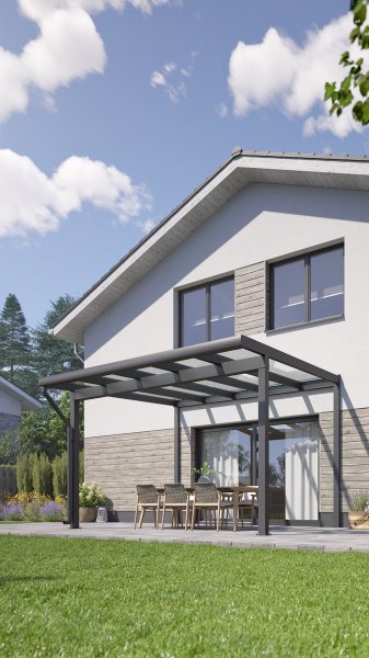 REXOclassic® VSG Alu Terrassenüberdachung mit Wandpfosten, 4m x 2,50m