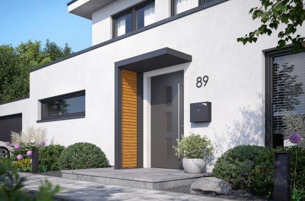 REXOlife® Haustür-Vordach, Dach: Aluminium, Anthrazit – Seitenteil: Rhombus, Golden Oak