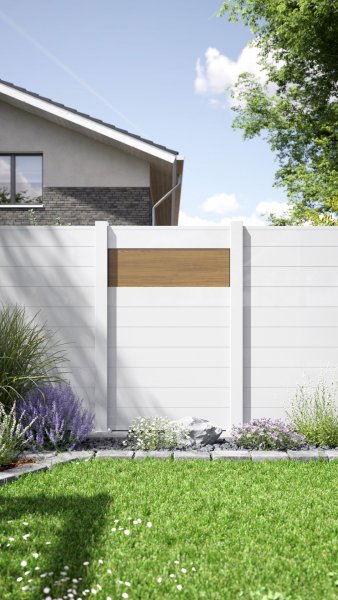REXOprotect® Alu-Sichtschutzzaun mit Holzstruktur-Zaunelement 'Teakholz', Alu-Profile weiß