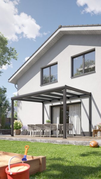 REXOpremium® VSG Alu Terrassenüberdachung mit Wandpfosten, 3m x 3,5m