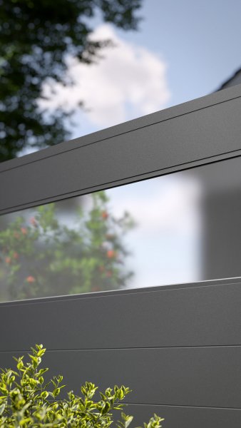 REXOprotect® Alu-Sichtschutzzaun mit PLEXIGLAS®-Element und Alu-Profilen anthrazit