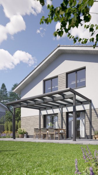 REXOclassic® VSG Alu Terrassenüberdachung mit Wandpfosten, 5m x 2,50m