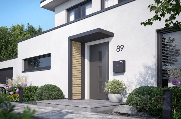 REXOlife® Haustür-Vordach, Dach: Aluminium, Anthrazit – Seitenteil: Rhombus, Treibholz