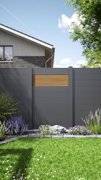 REXOprotect® Alu-Sichtschutzzaun mit Holzstruktur-Zaunelement 'Teakholz', Alu-Profile anthrazit