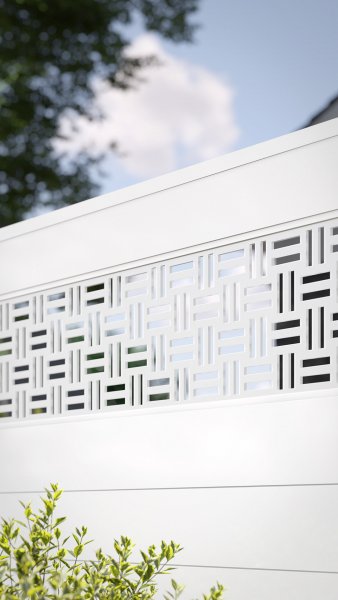 REXOprotect® Alu-Sichtschutzzaun mit Design-Element 'Beams' und Alu-Profilen weiß