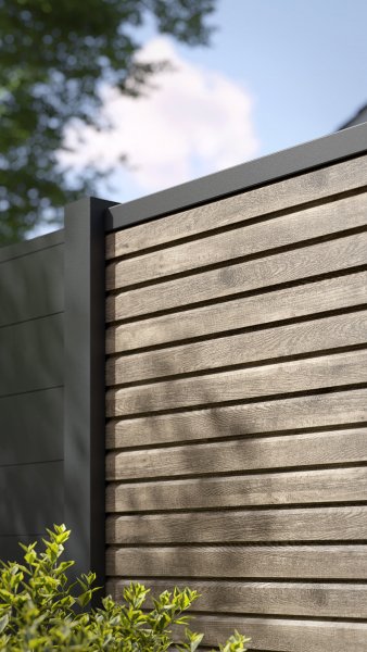 REXOprotect® Alu-Lamellenzaun, Rhombus geschlossen, Treibholz, Alu-Profile anthrazit