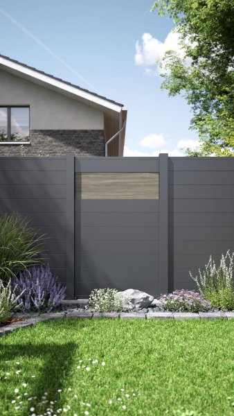 REXOprotect® Alu-Sichtschutzzaun mit Holzstruktur-Zaunelement 'Graue Kiefer', Alu-Profile anthrazit