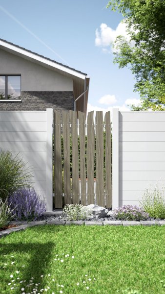 REXOprotect® Design Zaunbretter 'Graue Kiefer', Alu-Profile weiß