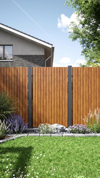 REXOprotect® Alu-Lattenzaun, Rhombus offen, vertikal, Golden Oak, Alu-Profile anthrazit