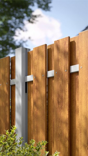 REXOprotect® Alu-Lattenzaun, vertikal, Zaunbretter Golden Oak, Alu-Profile weiß