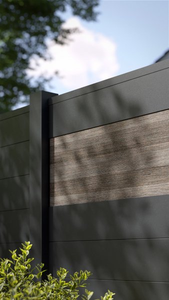 REXOprotect® Alu-Sichtschutzzaun mit Holzstruktur-Zaunelement 'Greyed Cedar', Alu-Profile anthrazit