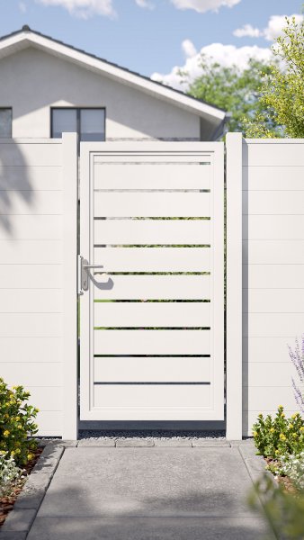 REXOprotect® Alu-Gartentor weiß, mit Zaunbrettern, 1 Meter Breite
