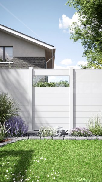 REXOprotect® Alu-Sichtschutzzaun mit Glas-Element klar und Alu-Profilen weiß