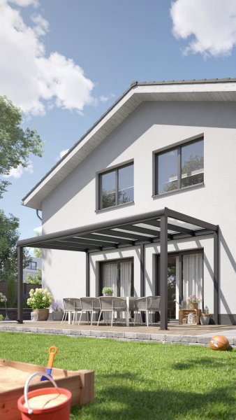 REXOpremium® VSG Alu Terrassenüberdachung mit Wandpfosten, 5m x 3m